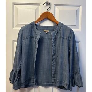 Lilla P Blue Chambray Open-Front Bell Sleeve Shacket, Size XS